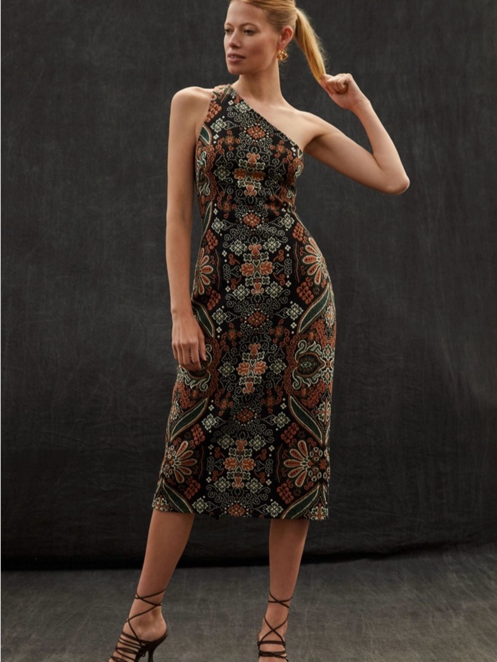 Anthropologie One Shoulder Jacquard Midi Dress